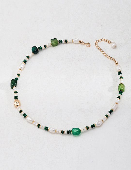 Green Agate with Pearl Beaded Necklace