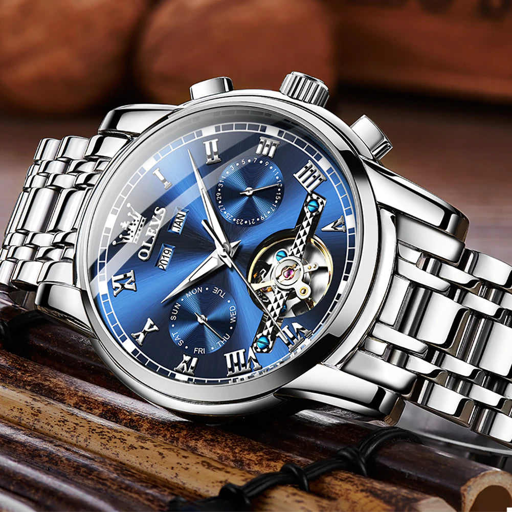 OLEVS Men'S Watches Automatic Mechanical Business Wristwatch Waterproof Stainless Steel Strap Watch for Man Skeleton Calendar