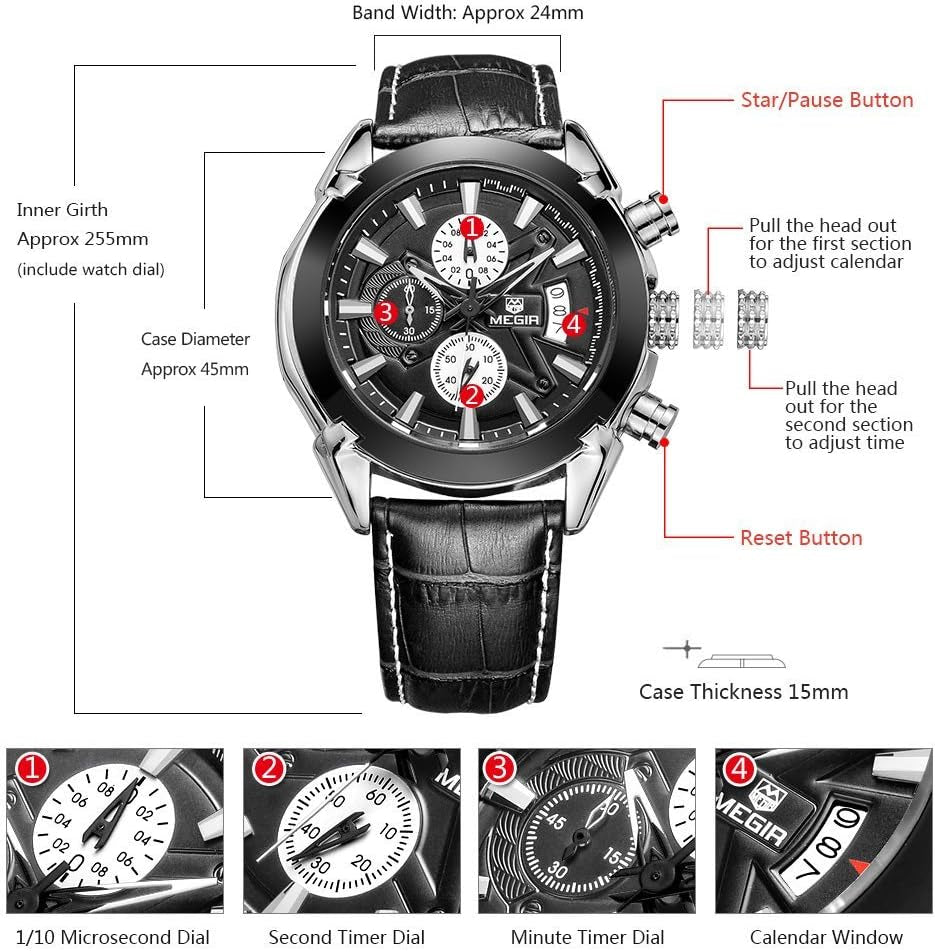 Chronograph Quartz Watch for Men Fashion Sports Leather Strap Wristwatch Waterproof Analog Watches with Luminous Hands
