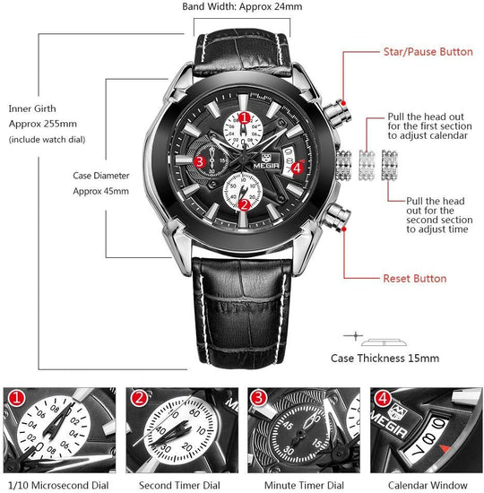 Chronograph Quartz Watch for Men Fashion Sports Leather Strap Wristwatch Waterproof Analog Watches with Luminous Hands