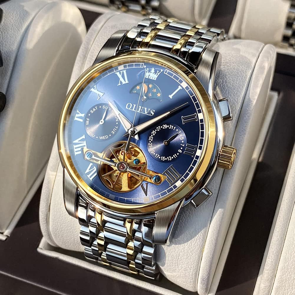 OLEVS Men'S Automatic Mechanical Skeleton Watch Luxury Dress Blue Dial Waterproof Self Winding Moon Phase Stainless Steel Luminous Tourbillon Wrist Watches for Men