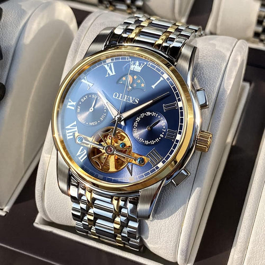 OLEVS Men'S Automatic Mechanical Skeleton Watch Luxury Dress Blue Dial Waterproof Self Winding Moon Phase Stainless Steel Luminous Tourbillon Wrist Watches for Men