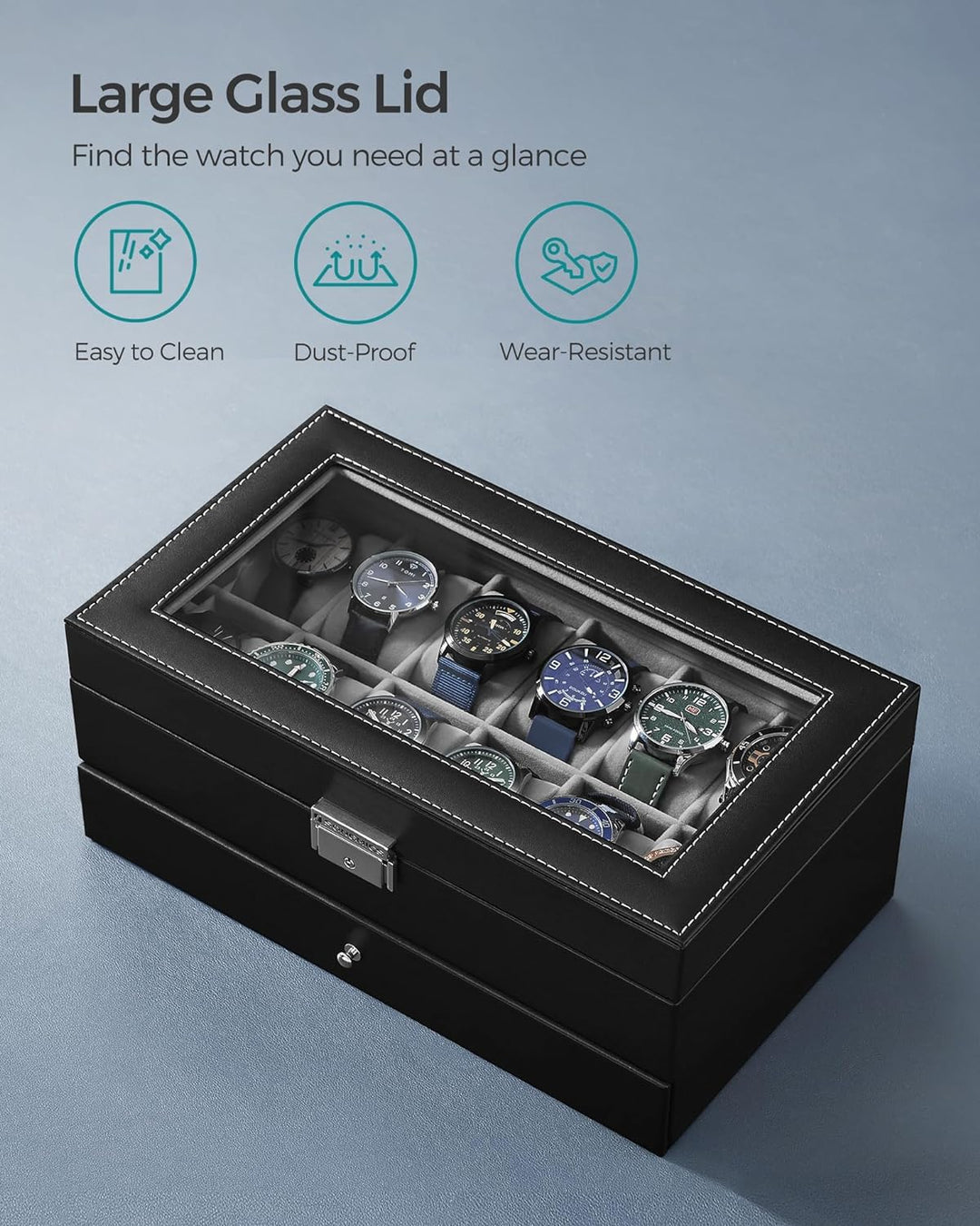 12-Slot Watch Box, Lockable Watch Case with Glass Lid, 2 Layers, with 1 Drawer for Rings, Bracelets, Gift Idea, Black Synthetic Leather, Gray Lining UJWB012