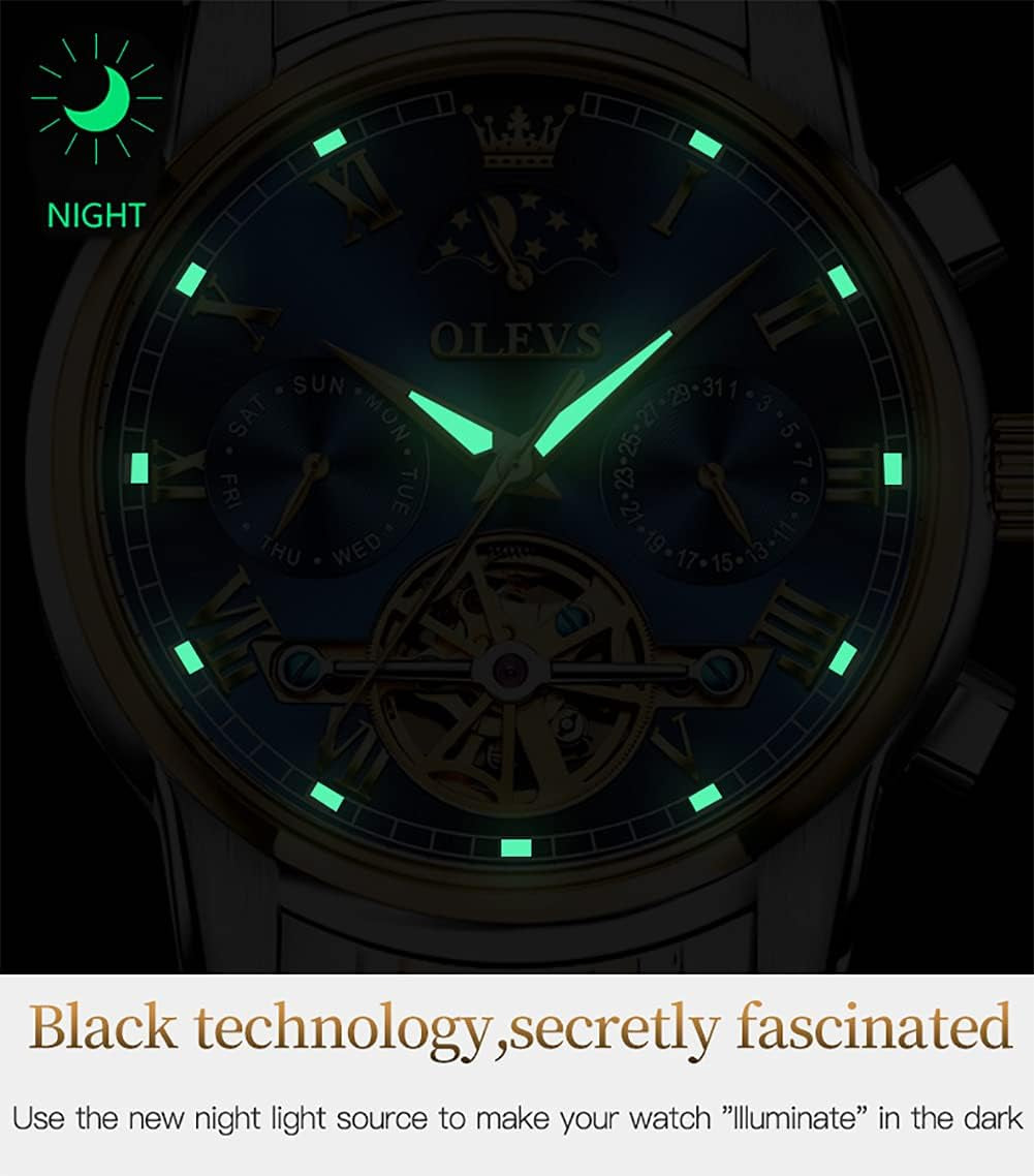 OLEVS Men'S Automatic Mechanical Skeleton Watch Luxury Dress Blue Dial Waterproof Self Winding Moon Phase Stainless Steel Luminous Tourbillon Wrist Watches for Men