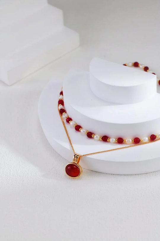 Red Beaded with Baroque Pearl Necklace