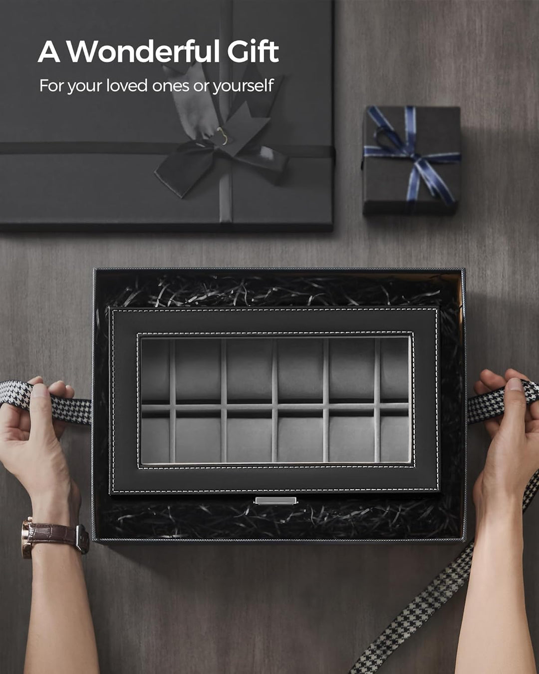 12-Slot Watch Box, Lockable Watch Case with Glass Lid, 2 Layers, with 1 Drawer for Rings, Bracelets, Gift Idea, Black Synthetic Leather, Gray Lining UJWB012