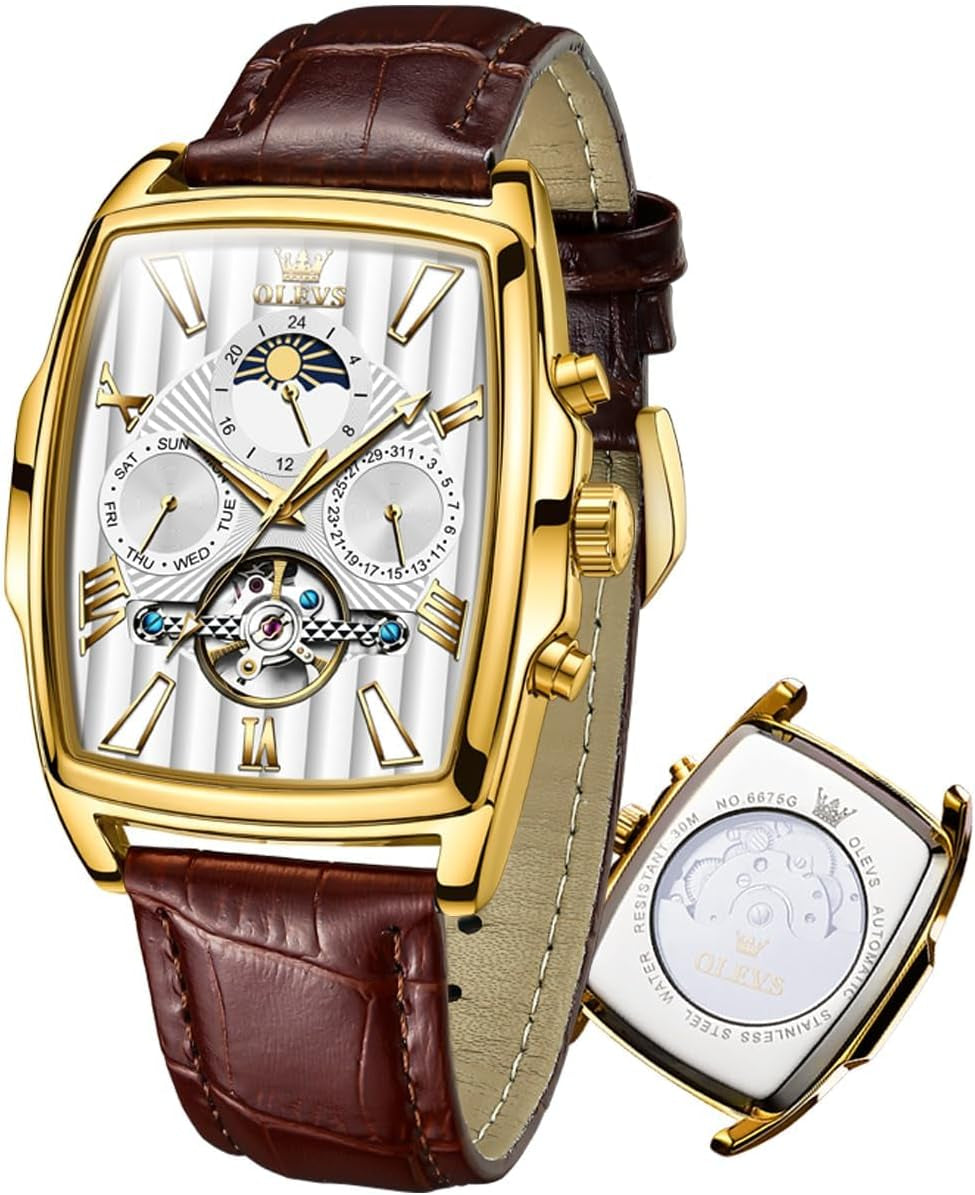 OLEVS Mens Automatic Watches Skeleton Retro Rectangle Tonneau Business Dress Leather Wrist Watch Moon Phase Luminous Waterproof