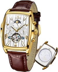 Men's Automatic Watches Skeleton Retro Rectangle Tonneau Business Dress Leather Wrist Watch Moon Phase Luminous Waterproof