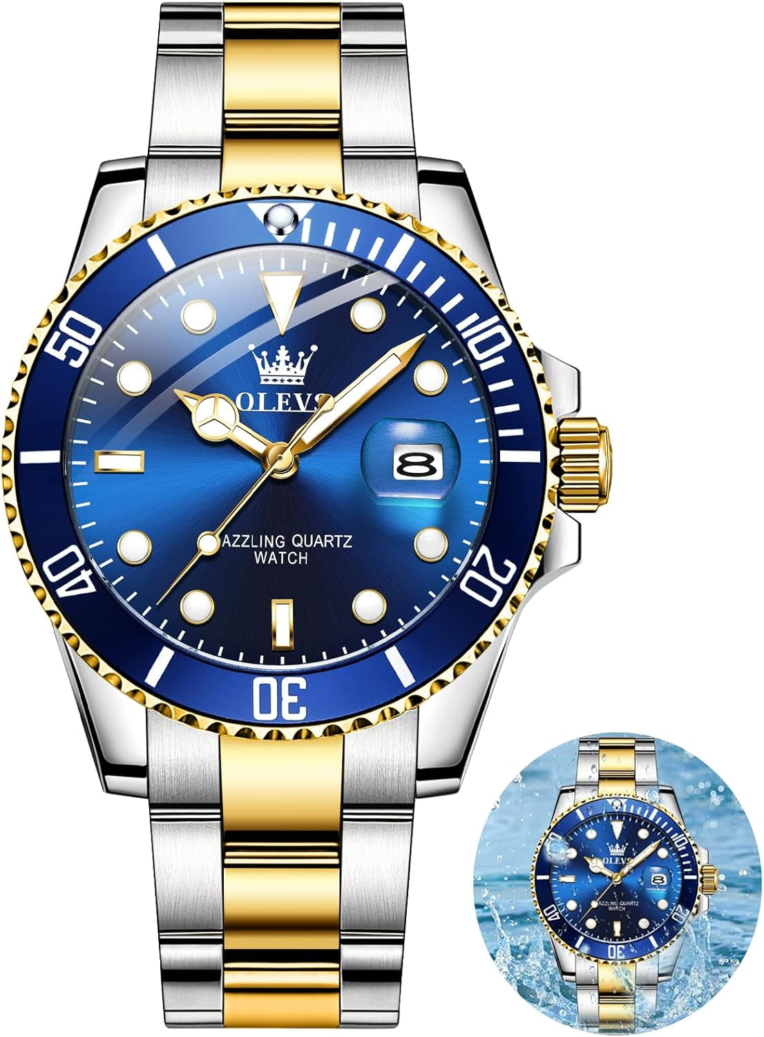 OLEVS Men'S Watches, Silver Dress Gold Classic Luxury Big Large Face Waterproof Quartz Analog Two Tone Stainless Steel Man Wrist Watch Men with Date Luminous Relojes De Hombre (Green/Blue/Black Dial