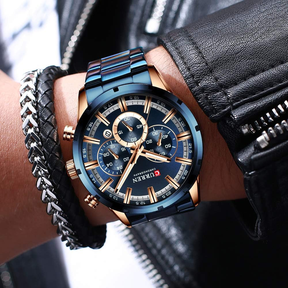Mens Watch Sport Quartz Chronograph Wristwatches with Luminous Hands Fashion Stainless Steel Clock Date