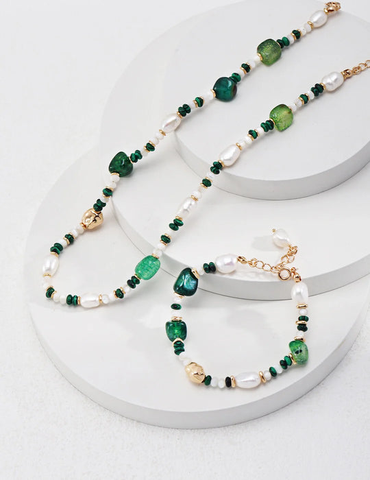Green Agate with Pearl Beaded Necklace