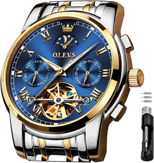 OLEVS Men'S Automatic Mechanical Skeleton Watch Luxury Dress Blue Dial Waterproof Self Winding Moon Phase Stainless Steel Luminous Tourbillon Wrist Watches for Men