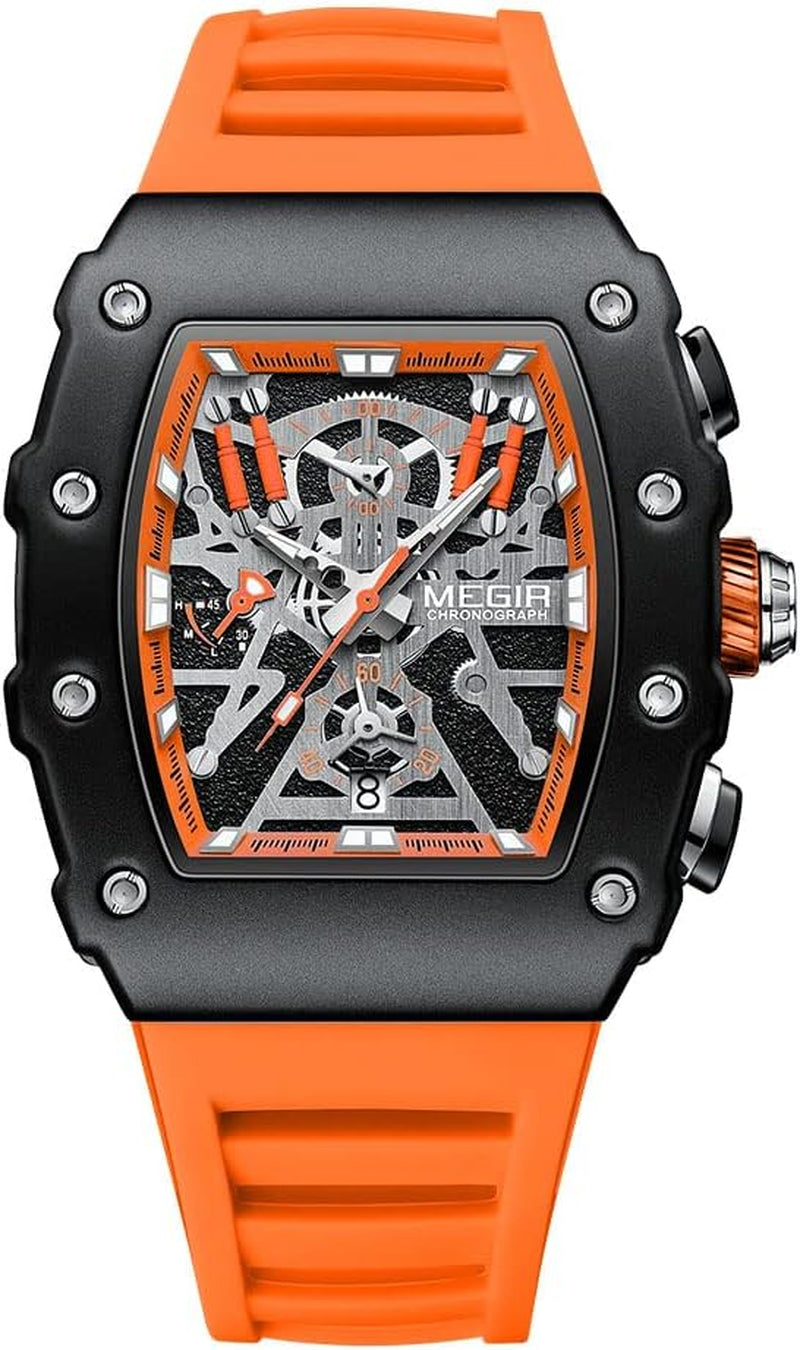 MEGIR Military Sport Silicone Strap Quartz Watch Men Fashion Luminous Tonneau Dial Chronograph Wristwatch with Date