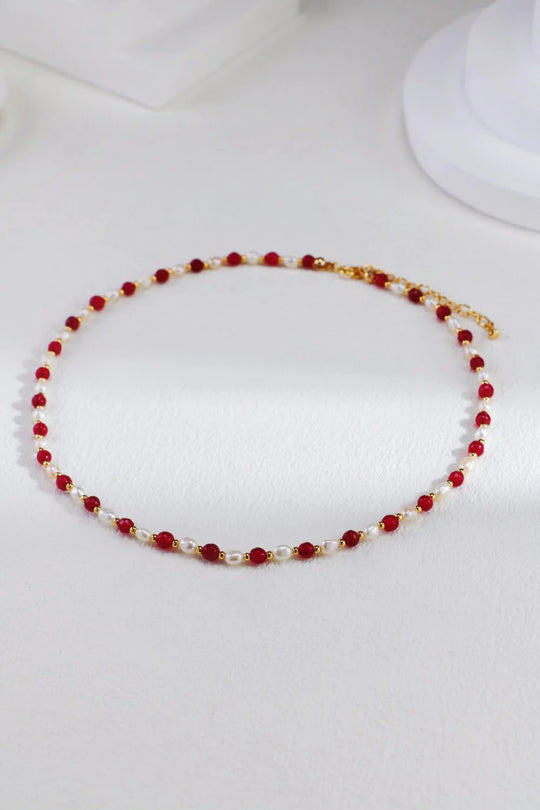 Red Beaded with Baroque Pearl Necklace