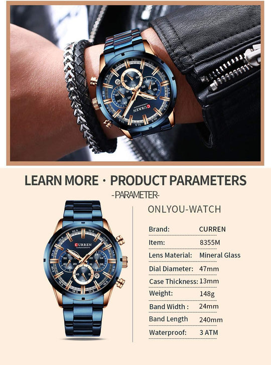 Mens Watch Sport Quartz Chronograph Wristwatches with Luminous Hands Fashion Stainless Steel Clock Date
