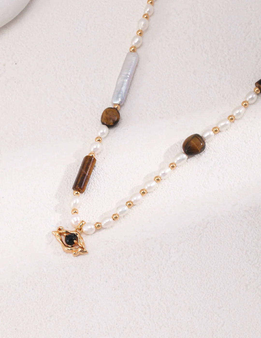 Vintage Gold Pearl Tiger Eye Beaded Necklace