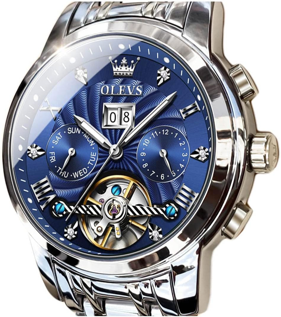 Men Automatic Watch Skeleton 5 Hands Mechanical Classic Luxury Multi Calendar Stainless Steel Waterproof Wrist Watch for Men